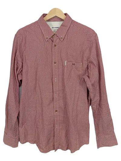 Ben Sherman Hemd Herren XL Langarm Button-Down Rot Geometrisch Baumwolle
