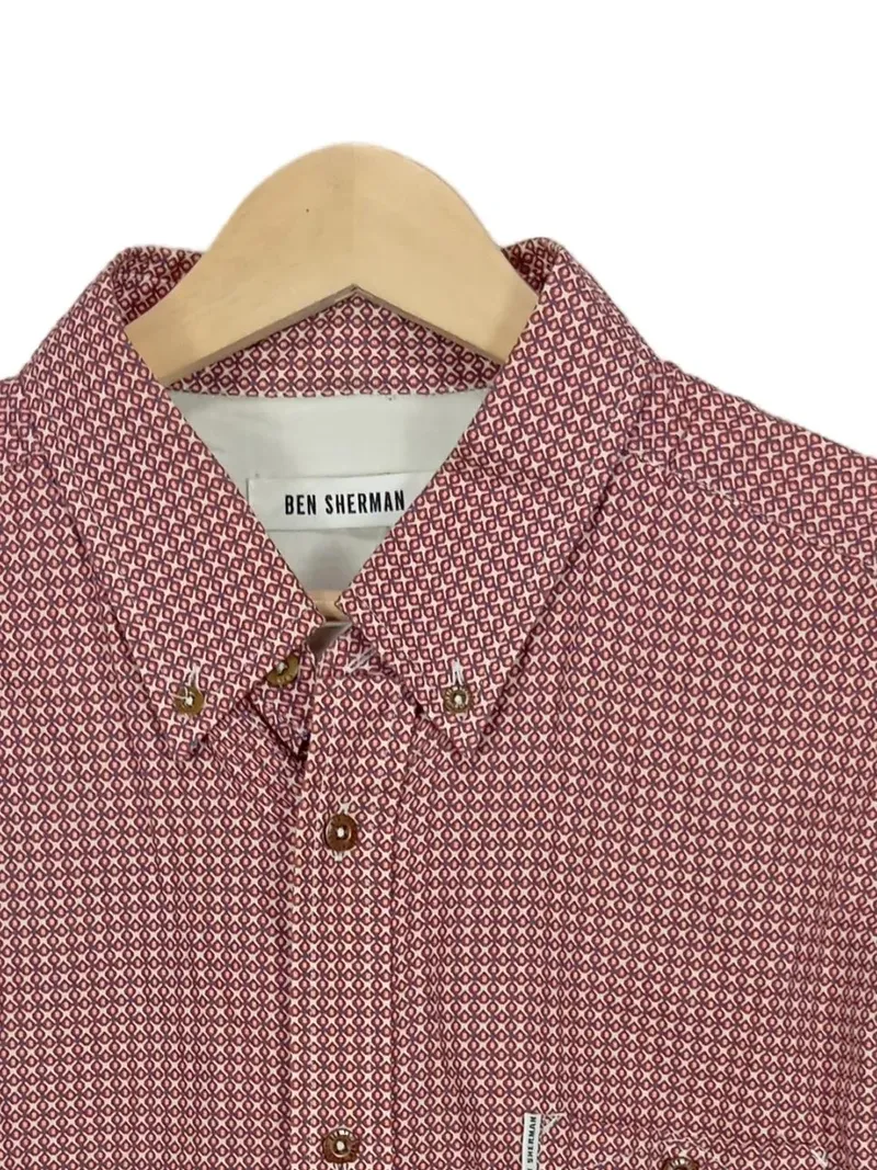 Ben Sherman Hemd Herren XL Langarm Button-Down Rot Geometrisch Baumwolle 3