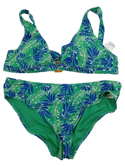 Damen Bikini XL Zweiteiler Blattmuster Grün Blau Tropical Bademode