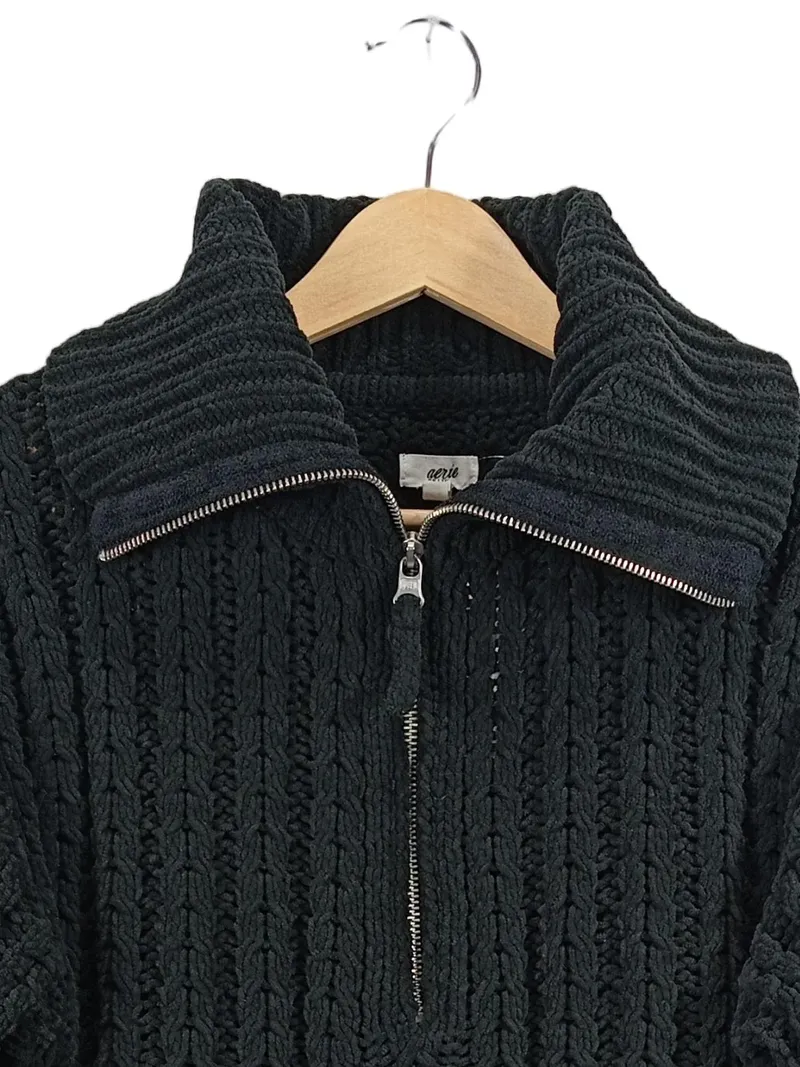AERIE Damen Strickpullover Troyer Zopfmuster Grün Gr. XS 3