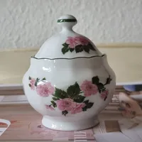 Eschenbach Zuckerdose Porzellan Blumenmuster Rosa Wildrosen Bavaria Germany 2