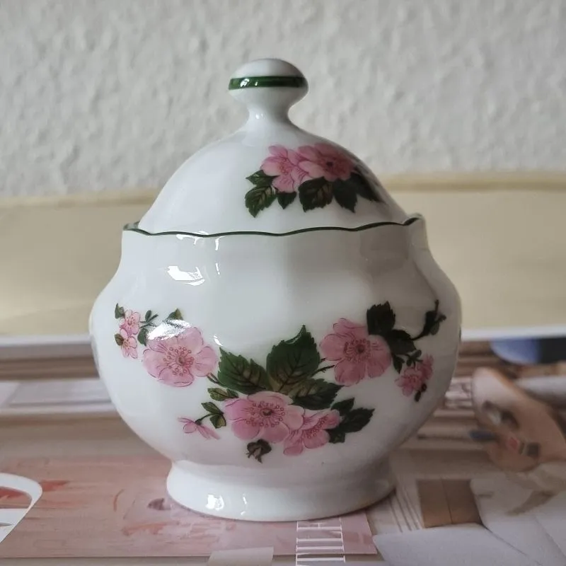 Eschenbach Zuckerdose Porzellan Blumenmuster Rosa Wildrosen Bavaria Germany 2