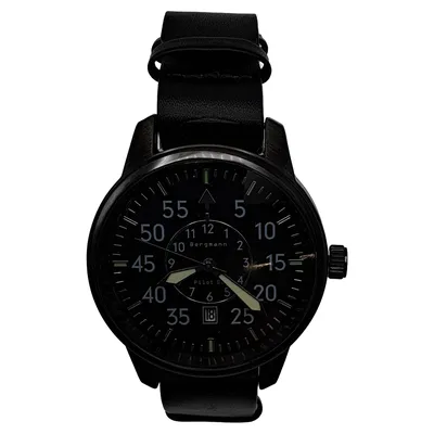 Bergmann Pilot Fliegeruhr Herren Armbanduhr Schwarz Leder Vintage