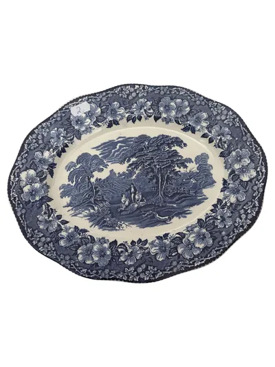 Enoch Wedgwood Woodland Servierplatte Keramik Blau Vintage 30x23 cm