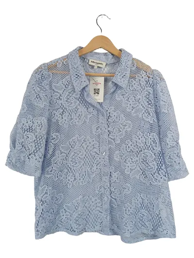 Lollys Laundry Damen Hemdbluse Spitze Blau Gr. XL Kurzarm Feminin