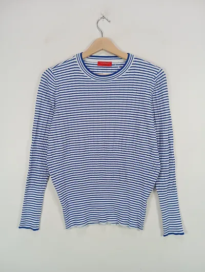 Laura Biagiotti Pullover Damen Gr. M Blau Gestreift Viskose Langarm Casual