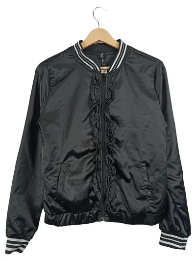 Flame Bomberjacke Damen Gr. 38 Schwarz Satin Rüschen Streifen