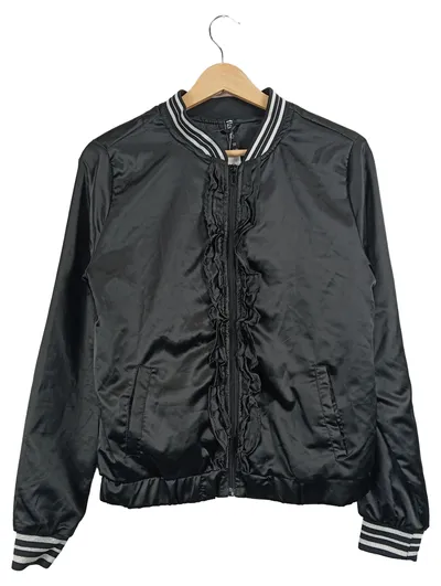 Flame Bomberjacke Damen Gr. 38 Schwarz Satin Rüschen Streifen
