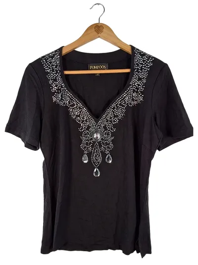 POMPÖÖS Harald Glöckler Damen Top Shirt Gr. 40 Schwarz Strass Glamour