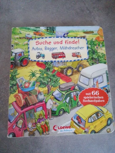 Suche und finde! Autos Bagger Mähdrescher Loewe Wimmelbuch Kinder 66 Aufgaben