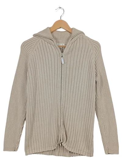 C&A CANDA Strickjacke Kapuze Damen XL Beige Rippstrick Baumwolle