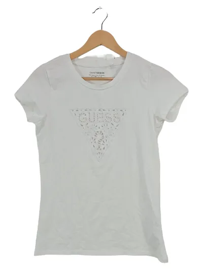 Guess Damen T-Shirt Gr. M Weiß Lochmuster Baumwolle Casual Alltag
