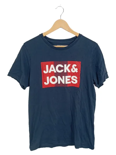 JACK & JONES Herren T-Shirt Logo-Print Blau Gr. 50 L Casual Baumwolle