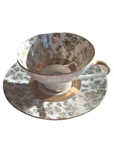 Bareuther Bavaria Kaffeetasse Untertasse Porzellan Gold Blumenmuster Vintage