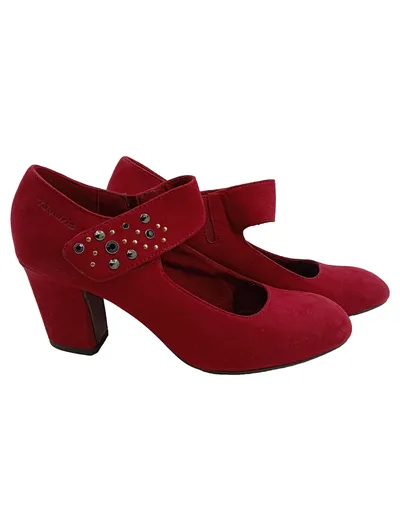 Tamaris Mary Jane Pumps Damen Rot Wildleder Nieten Klettverschluss Gr. 39