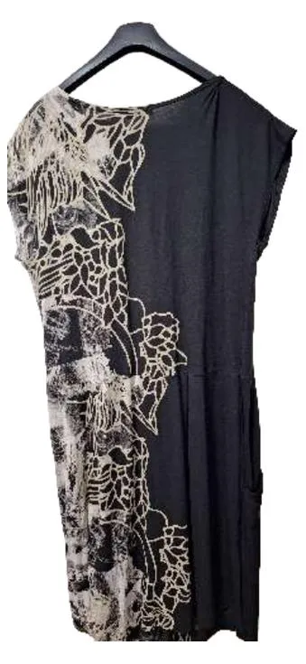 Hopsack Damen Jerseykleid Gr. 50/XXL Schwarz Beige Print Viskose