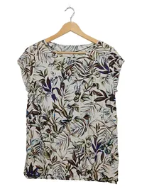 Cartoon Damen Shirt Blattmuster Gr. 38 M Viskose Casual Top Kurzarm Beige 1