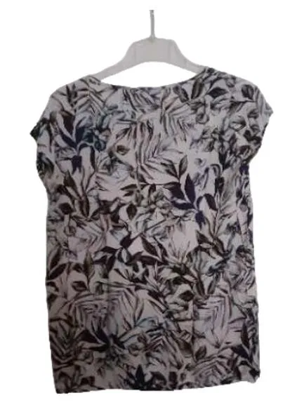 Cartoon Damen Shirt Blattmuster Gr. 38 M Viskose Casual Top Kurzarm Beige 3