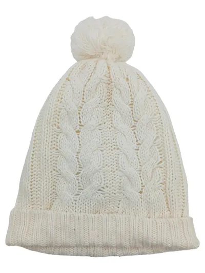 Crivit Strickmütze Bommel Damen Zopfmuster Wintermütze Beige Polyacryl
