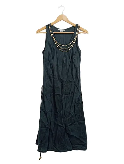 ZARA Basic Sommerkleid Damen Gr. L Grau Perlenbesatz Boho Ramie