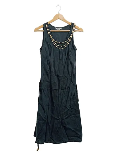 ZARA Basic Sommerkleid Damen Gr. L Grau Perlenbesatz Boho Ramie