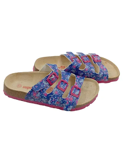 Superfit Pantoletten Mädchen Gr. 37 Blau Blumenmuster Pink Schnallen