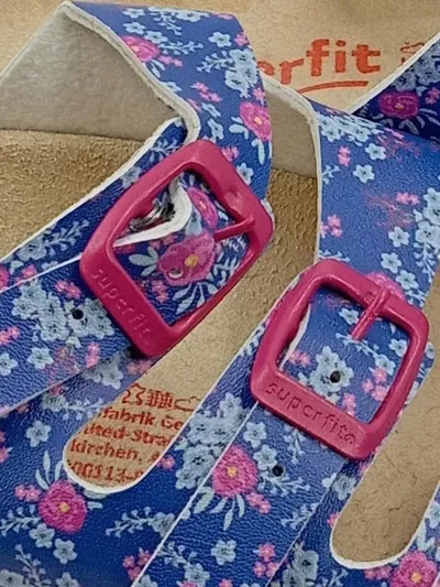 Superfit Pantoletten Mädchen Gr. 37 Blau Blumenmuster Pink Schnallen