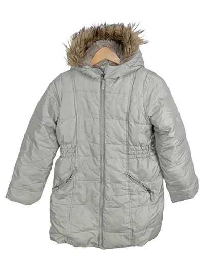 Lands' End Steppjacke Mädchen Gr. 140/152 Grau Kapuze Fellbesatz