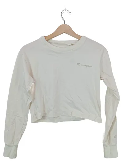 Champion Damen Cropped Langarmshirt Weiß Gr. S Stickerei Logo Sportlich