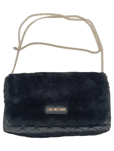 Love Moschino Damen Umhängetasche Kunstfell gesteppt schwarz Goldkette