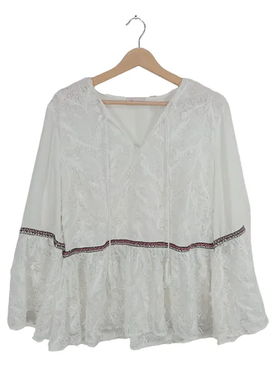 Marcel Ostertag Damen Bluse Gr. 44 Weiß Boho Spitze Federn