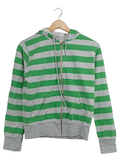 Fishbone Damen Kapuzenpullover Hoodie Gr. S grün grau gestreift Reißverschluss