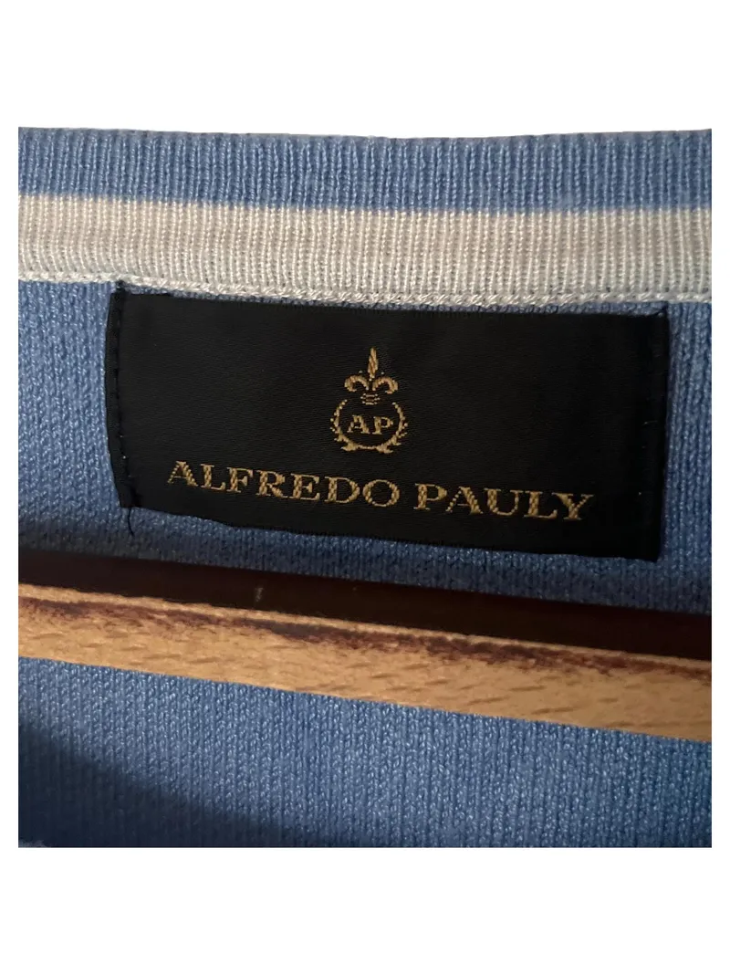 Alfredo Pauly Damen Strickpullover Gr. 46 Blau Weiß 3/4-Arm Viskose 4