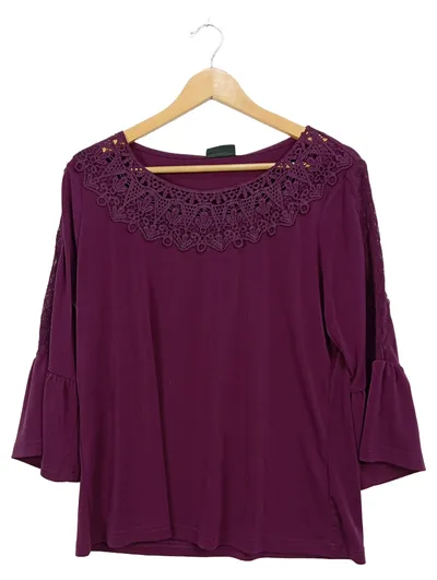 Paola Damen Bluse Gr. L Lila Spitze Volantärmel Feminin