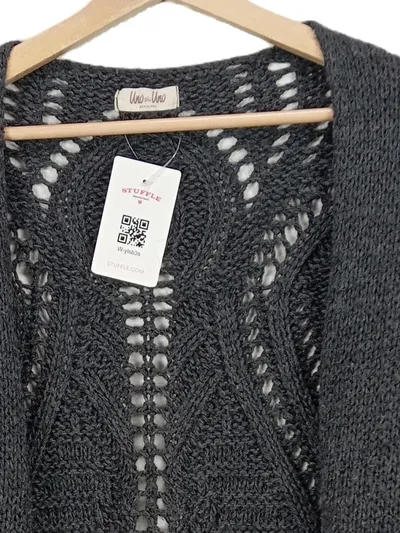 UNO PIÙ UNO Strickjacke Damen M Grau Lochmuster Cardigan Wolle Alpaka Freizeit