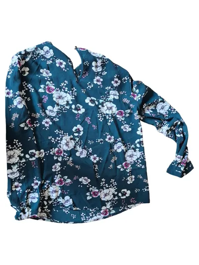 Pigalle Damen Bluse Gr. 38 Petrol Blumenmuster Langarm Feminin