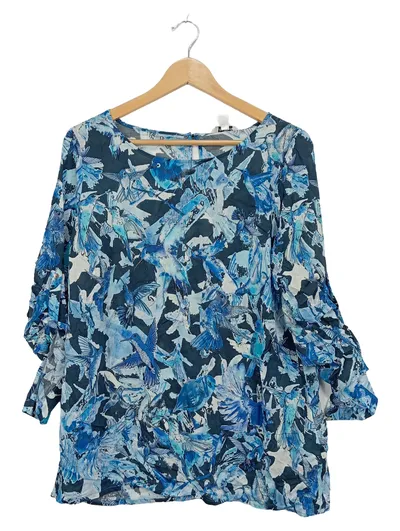 Alba Moda Damen Bluse Gr. 40/L Vogelmotiv Kolibri Blau Rüschen
