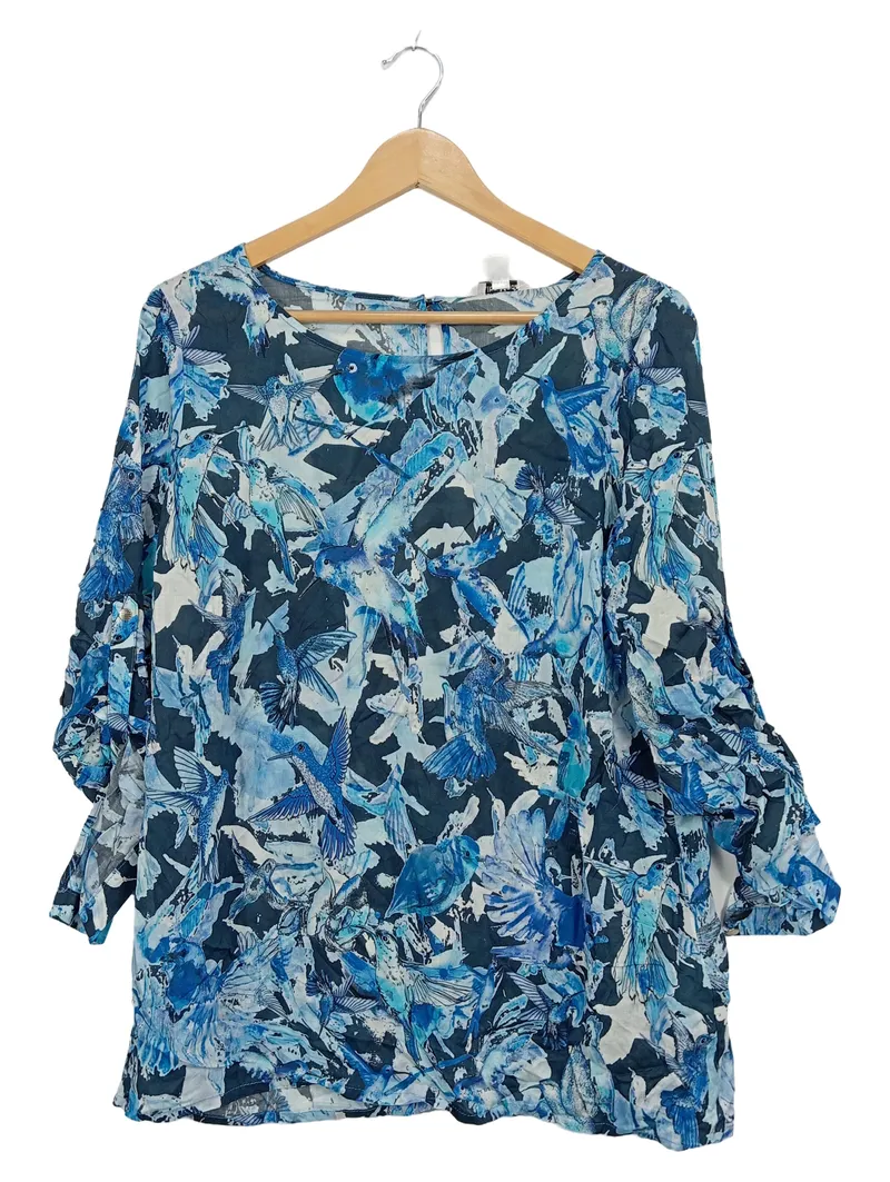 Alba Moda Damen Bluse Gr. 40/L Vogelmotiv Kolibri Blau Rüschen 1