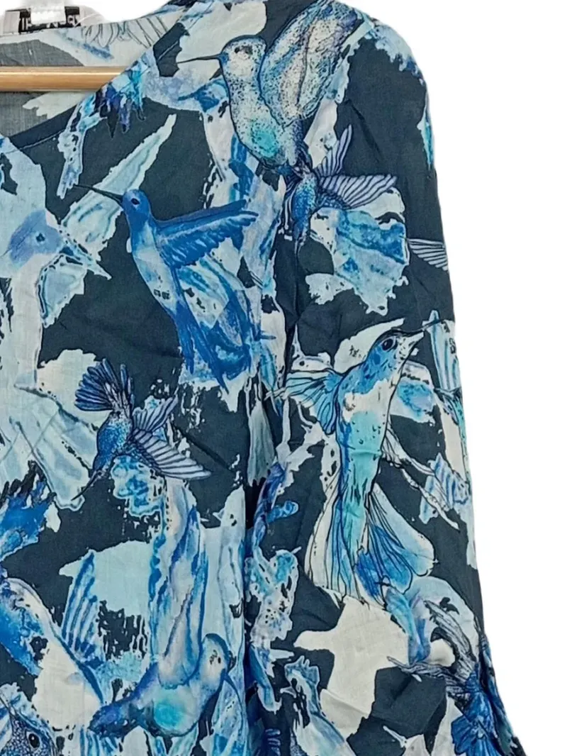 Alba Moda Damen Bluse Gr. 40/L Vogelmotiv Kolibri Blau Rüschen 3