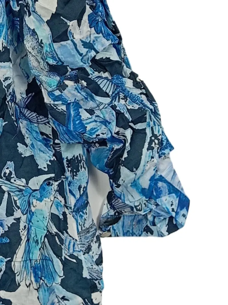 Alba Moda Damen Bluse Gr. 40/L Vogelmotiv Kolibri Blau Rüschen 4