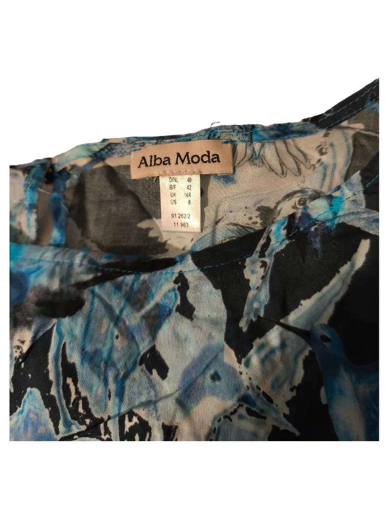 Alba Moda Damen Bluse Gr. 40/L Vogelmotiv Kolibri Blau Rüschen 6