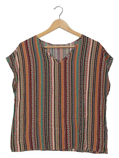 EMERY ROSE Damen Bluse Ethno Bohemian V-Ausschnitt Kurzarm Mehrfarbig L