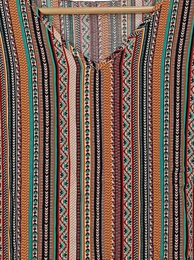 EMERY ROSE Damen Bluse Ethno Bohemian V-Ausschnitt Kurzarm Mehrfarbig L