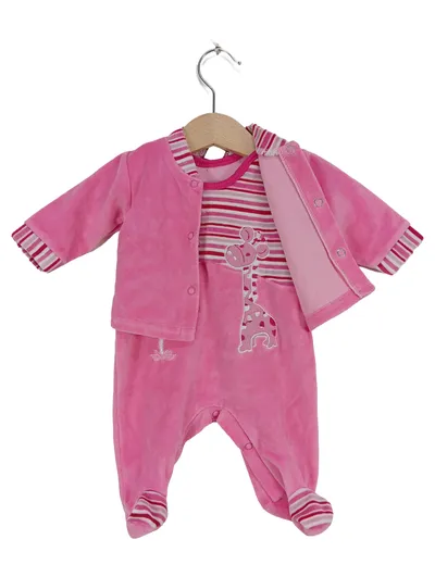 Markenlos Twin Set Baby Mädchen Gr. 56 Rosa Gestreift Stickerei Tiermotiv