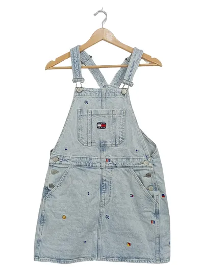 Tommy Jeans Latzkleid Damen Jeanskleid Blau Logo Print Stickerei Gr. S
