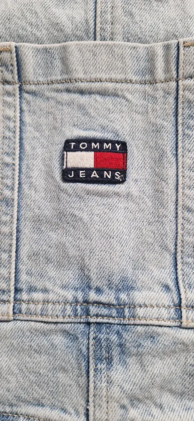 Tommy Jeans Latzkleid Damen Jeanskleid Blau Logo Print Stickerei Gr. S