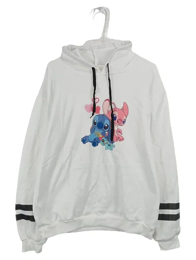 Damen Hoodie Kapuzenpullover Weiß Streifen Ärmel Cartoon Print Gr. XXL