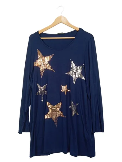 Mia Moda Damen Langarmshirt Sterne Metallic Viskose Blau Gr. 48