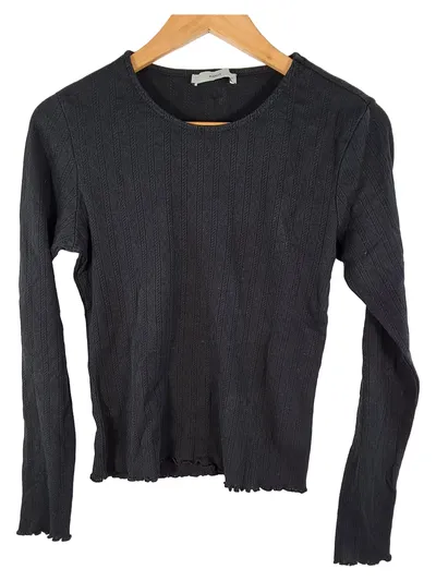 Pigalle Langarmshirt Damen Schwarz Gr. S Lochmuster Rüschensaum