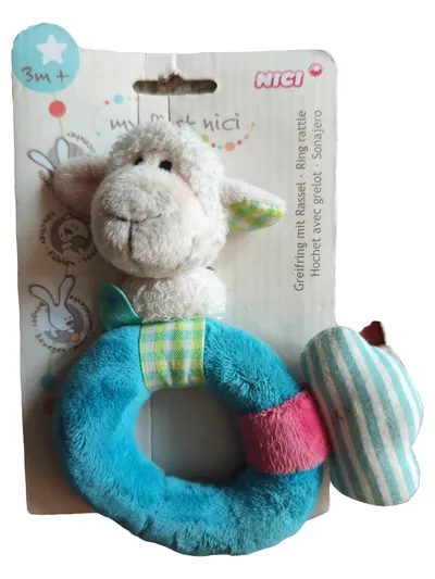 NICI Baby Rassel Schaf Lamm Greifring Spielzeug Farbenfroh Blau ab 4M